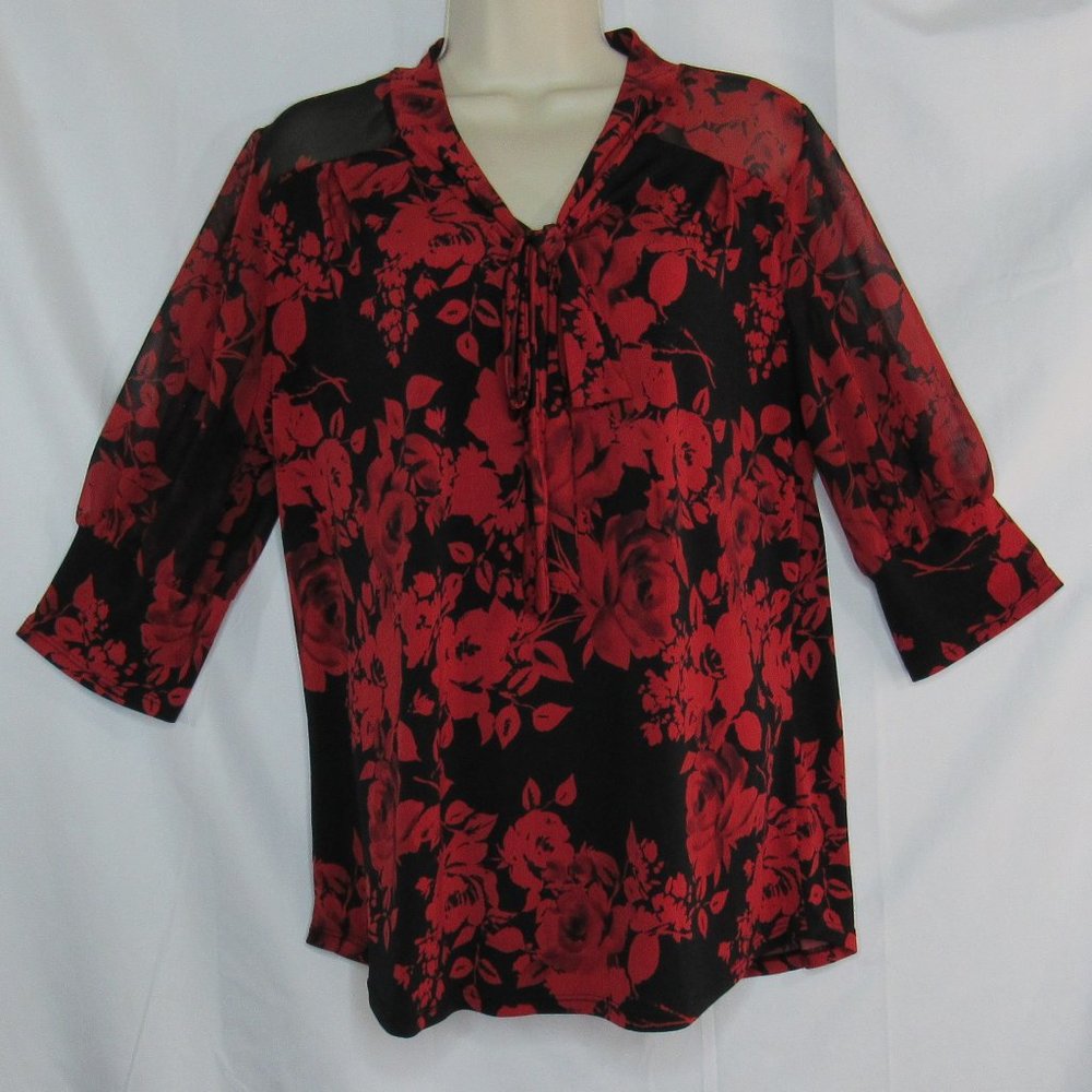 Atelier 29 Women's Floral Print Blouse Top Size L Red/Black